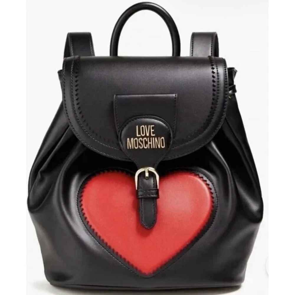 New Love Moschino Red Heart Bucket Backpack Black Birds PU Nero
